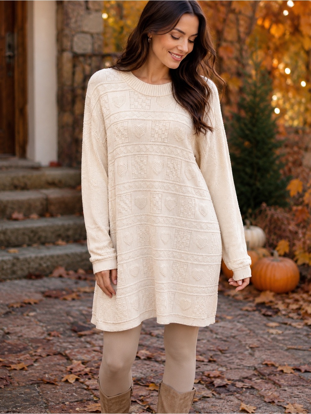 Vintage Cream Knit Tunic Sweater Dress Cottagecore Size M Cozy Cabine Hearts